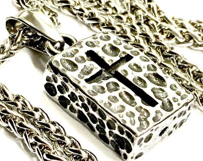 Textured Viking Crucifix Style Cross Hammered Cornerstone Rectangular Ancient Brick Necklace Weathered for Men Waterproof Stainless Biker