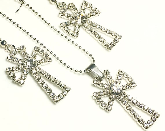 Silver Wedding Dinner Party Inlaid Rhinestone Crystal Cross Earrings Necklace Modern Womans Girls Christian Jewelry