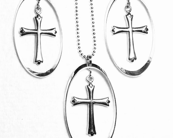 Sterling Silver Gold Cross Hoop Earrings Necklace Set Silver Twisted Hoop Old World Cross Woman Girls Chain Wedding jewellery Jewelry