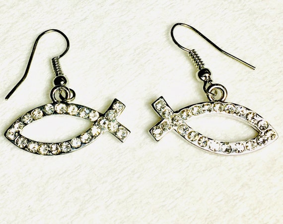Drop Dangle Earrings Rhinestone Fish Outline Hope Cross Stud Inlaid Crystals CZ Look Wedding Women Ichthus Ichthys Greek Jewelry jewellery
