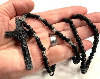 Large Black Saint Benedict Crucifix Over the Head Beaded Necklace Cross Catholic Orthodox Women Men hip hop religious San Benito Jesus