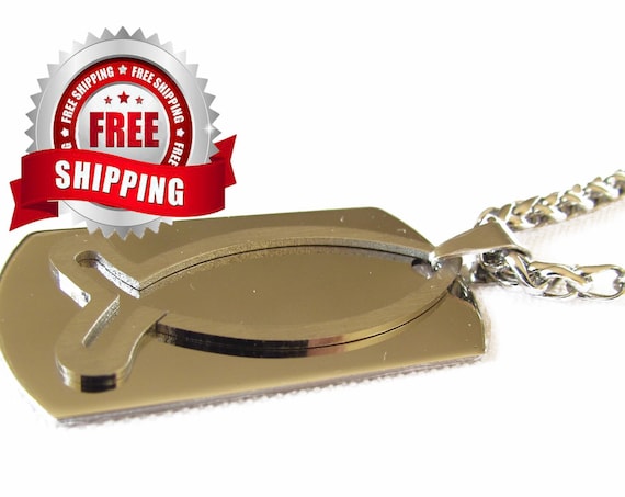 Silver High Gloss Hand Polished Ichthus ΙΧΘΥΣ Greek Jesus Fish Medallion Dog Tag Necklace and Heavy Chain - Saint Michaels Jewelry