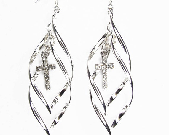 Cross Hoop Earring for Women Silver Gold Double Twist Dangle Rhinestone Cross Jesus