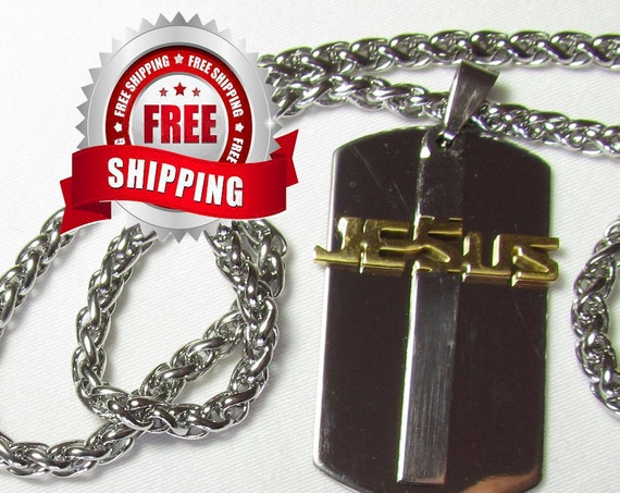 Silver Gold DogTag Necklace Pendant Jesus Cross Horizontal Cutout Stainless Steel Mens Boys Christian Jewelry - Saint Michaels Jewelry