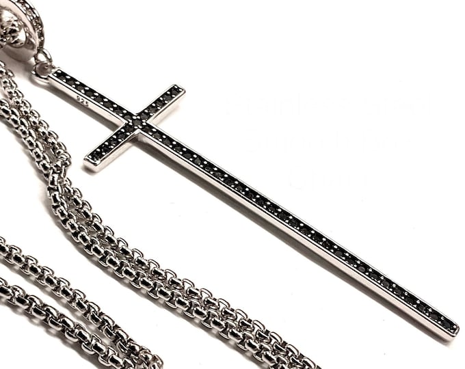 Thin long solid sterling silver cross necklace black CZ S952 elegant slender design wedding jewelry for women girls