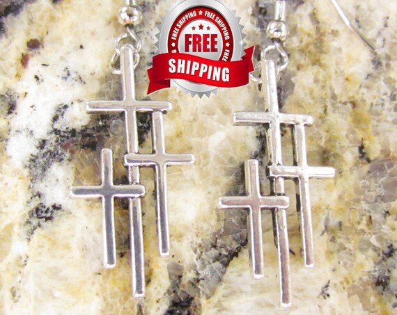 Petite Silver Cast Calvary 3 Three Triple Crosses Earrings Womans Girls Christian Jewelry Crosses on Calvary