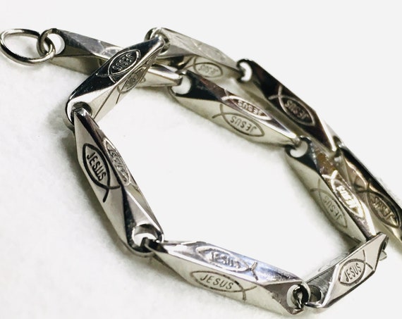 Chain Bar Necklace Silver Bracelet Silver Square Jesus Fish Stamp Necklace for Women Bracelet Heavy Stainless Steel Chain for Men Boys Girls