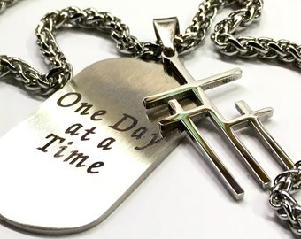 One day at a time dog tag 3 cross dog tag sobriety 3 medallion waterproof stainless steel alcoholics anonymous 12 step