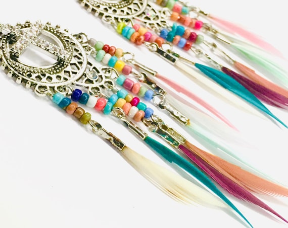 Silver Gold Rainbow Cross Feather Earrings Multi Colored Bohemian Boho Hippie Woman Cross Girls Drop Dangle Christian Jewelry Jewellery