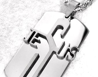 Silver Cross Dog Tag Jesus Cut Necklace for Men Silver Long Jesus Cut Out Waterproof Stainless Steel Mens Boys Christian Jewelry jewellery