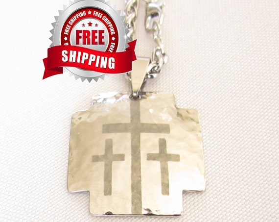 Silver Iron Calvary 3 Three Triple Cross Pendant Heavy Chain Necklace Hand Hammered Mens Boys Christian Jewelry Three Crosses on Calvary