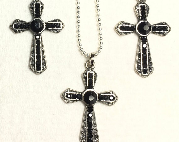 Black Rhinestone Cross Earrings Necklace Set Antique Filigree Crystal Inset CZ Look Woman Girls Chain Wedding jewellery Jewelry