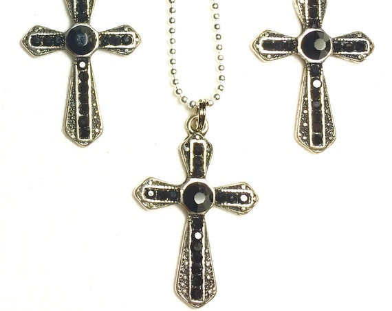 Black Rhinestone Cross Earrings Necklace Set Antique Filigree Crystal Inset CZ Look Woman Girls Chain Wedding jewellery Jewelry