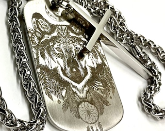 Wolf Dog Tag Crazy Western Adorned Necklace Biker Waterproof Medallion Heavy Chain for Mens Wanderlust Jewelry Jewellery