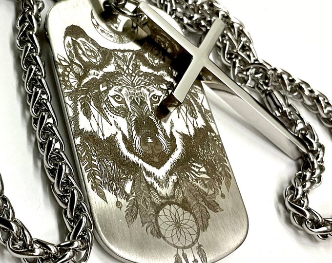 Wolf Dog Tag Crazy Western Adorned Necklace Biker Waterproof Medallion Heavy Chain for Mens Wanderlust Jewelry Jewellery