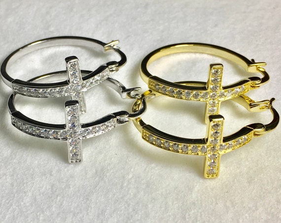 Silver Gold Cross Hoop Earrings Cuff Earrings Rhinestone Medium Sized Modern CZ Look Fashion for Women Girls Cross Jesus Jewelry jewellery