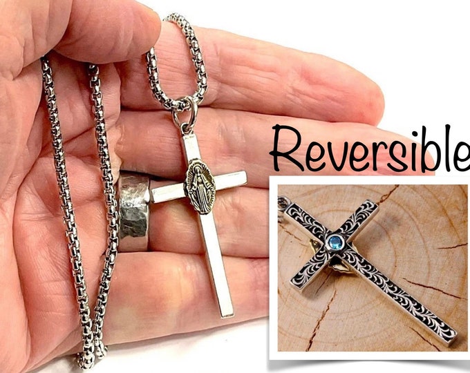 Cross Two Sided Mary Madonna AquaMarine Colored Stone Filigreed S925 Solid Sterling Silver Old World Silver Necklace Cross 2 Color Jesus