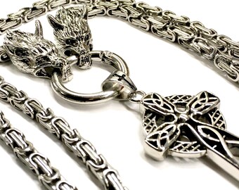 Wolf Head Necklace Celtic Cross Viking Irish Knot Crucifix Super Thick Cast Large Cross Vintage Filigree Heavy Braided Chain Jewelry