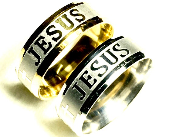 Rings Silver Gold Wide Cross of Jesus Name 8mm Width Stainless Steel Band Rings for Men Boys Women Girls Wedding Rings Jewelry Jewellery