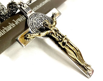 Solid Sterling Saint Benedict Cross Silver Gold Crucifix of Jesus Christ S925 Necklace Men Women Catholic Orthodox Religiou San Benito