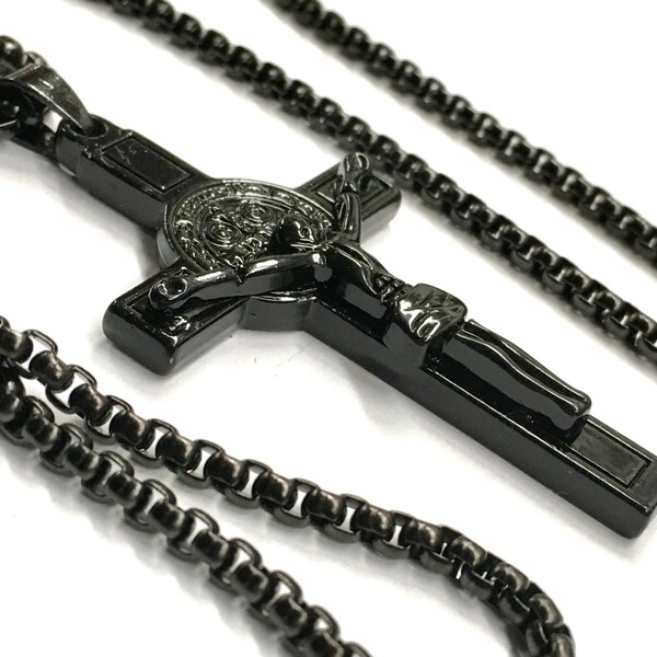 All Black Saint Benedict Crucifix Medal Cross Catholic Orthodox Light Weight Chain Necklace for Men Black Religiou San Benito Jesus