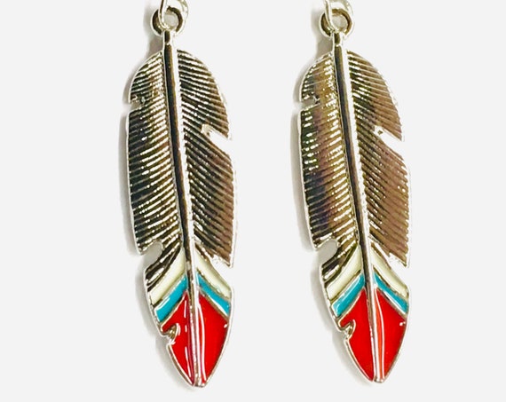 Feather Earrings Silver Castings Red Teal Multi Colored Bohemian Boho Hippie Woman Cross Girls Drop Dangle Jewelry Jewellery