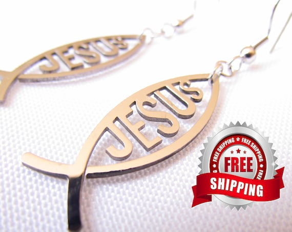 High Gloss Hand Polished Silver Jesus Fish Cut Out Earrings Necklace Stainless Steel Ichthus Ichthys ΙΧΘΥΣ Greek - Saint Michaels Jewelry