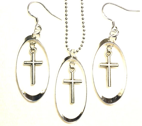 Silver Hoop & Hollow Cross Earring Necklace Pendnat Drop Dangle Set Women Girls Christian Jewelry - Saint Michaels Jewelry