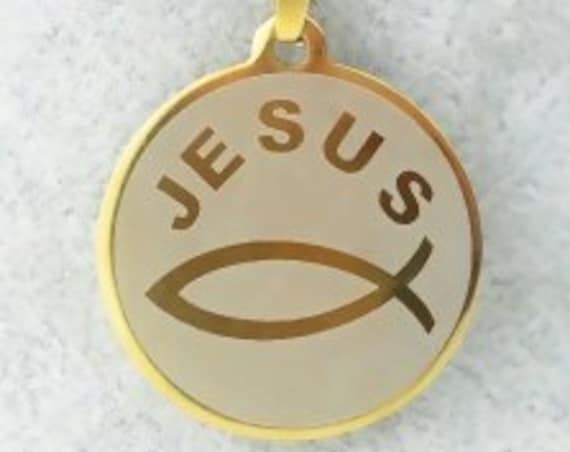 New Fashion JESUS FISH Etched Silver Gold Ichthus Ichthys ΙΧΘΥΣ Greek Jesus Fish Round Pendant Necklace Chain