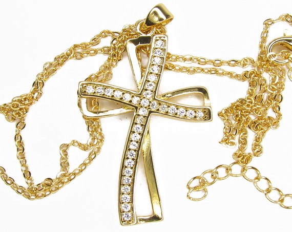 Silver Classic Hollow Swirl Infinity Cross Necklace Pendant Inset Rhinestones