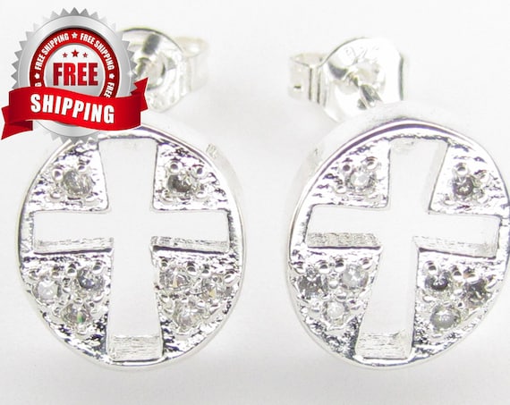 Cast Silver Oval Hollow Cross Earring with a Elegant Sparkling Rhinestones Modern Womans Girls Christian Jewelry - Saint Michaels Jewelry
