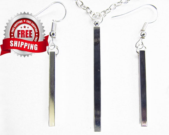 Silver Fashion Square Bar Necklace Pendant Earrings Jewelry Set Womans Girls Christian Jewelry - Saint Michaels Jewelry