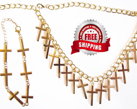 Gold Multi Sideways Cross Necklace and Bacelet Sideways Cross Bangle Set for Woman Girls Christian Cross of Jesus Jewellery jewelry