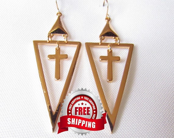 Hollow Triangle Cross Earrings Silver Gold Vintage Style Dangle Drop Earring - Saint Michaels Jewelry