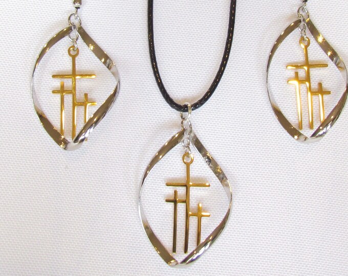 SET - 3 Crosses Twist Hoop Earrings Necklace Silver Gold Calvary Triple Cross of Jesus Drop Dangle Womans Christian Jewelry Jewellery