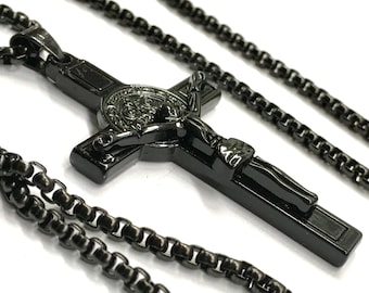 All Black Saint Benedict Crucifix Medal Cross Catholic Orthodox Light Weight Chain Necklace for Men Black Religiou San Benito Jesus