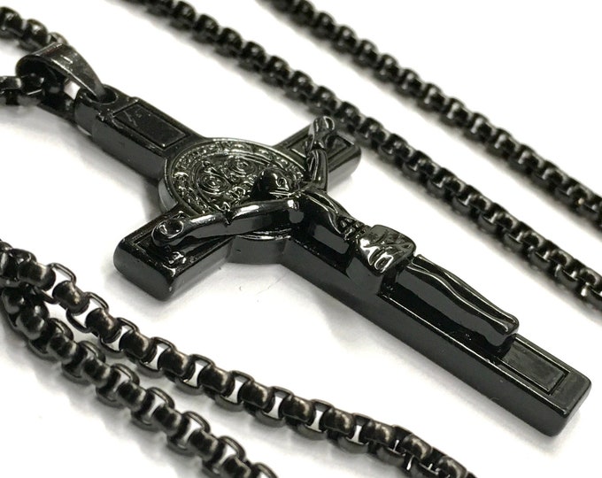 All Black Saint Benedict Crucifix Medal Cross Catholic Orthodox Light Weight Chain Necklace for Men Black hip hop Black Jesus