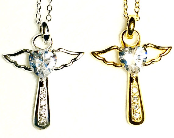 Angel Cross Necklace Silver Gold Wing Rhinestone Design Cross of Jesus Pendants Women Necklace Christian Jewelry jewellery