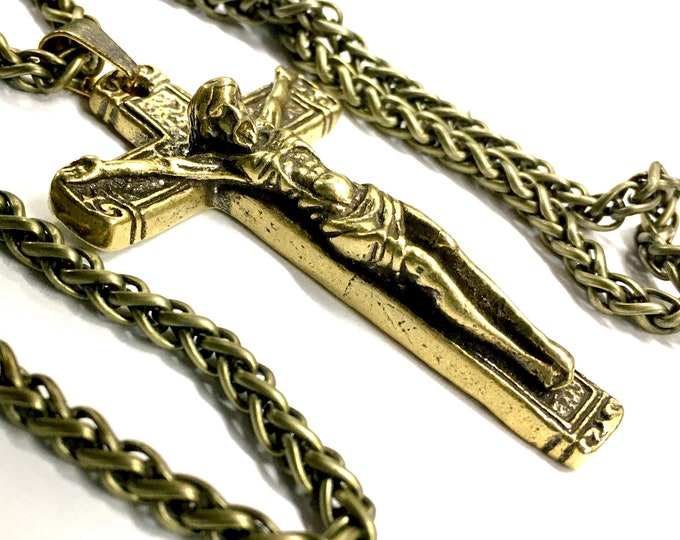 Solid Brass Crucifix Necklace Matching Cross Bronze Chain Heavy Thick Cross Pendant Necklace for Men Women Christian Jewelry