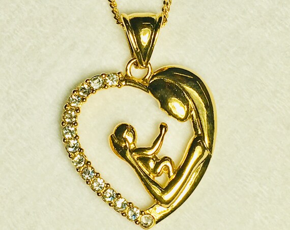 Gold Virgin Mary and Baby Rhinestone Heart Necklace Crystal Woman Girls Chain Christian Jewelry