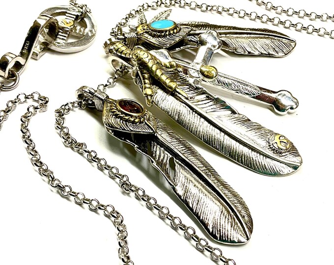 Cross Eagle Feather Necklace Western 3 Dangle Silver Eagle Claw Antique Pendants Bohemian Boho Hippie Turquoise Indian Jewelry