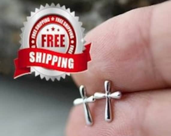 Tiny Silver Cast Stud Cross Earrings Small Modern Design Womens Girls Christian Jewelry - Saint Michaels Jewelry