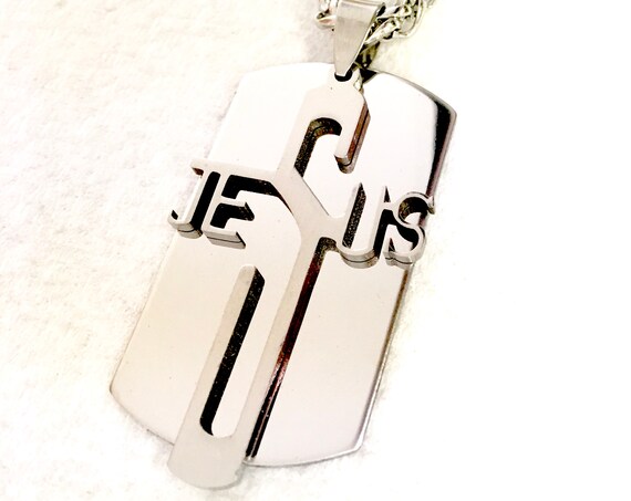 Silver Cross Dog Tag Jesus Cut Necklace for Men Silver Long Jesus Cut Out Pendant Stainless Steel Mens Boys Christian Jewelry jewellery