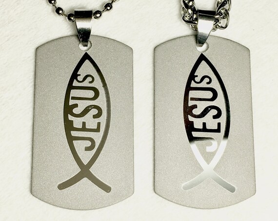 Etched Jesus Fish Necklace Dog Tag Pendant Men Woman Chain Jesus Christian Jewelry jewellery