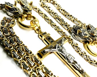 SET - Double Wolf Head Cross Necklace Bracelet Waterproof All Stainless Steel Catholic Crucifix Hypoallergenic Byzantine Punk Orthodox