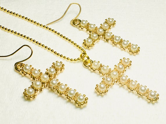 Gold Inspirational Rhinestone Studded Cross Earrings Necklace Pendant Set Womans Girls Wedding Christian Jewelry