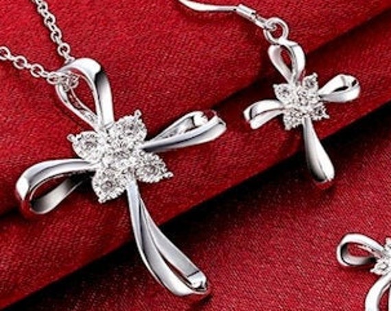 Silver Infinity Cross Necklace and Earrings Swirl Infinity Cross Pendant Inset CZ Crystal Rhinestones Drop Dangle Hope Wedding Set jewellery
