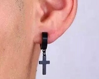 Mens Dangle Cross Earrings Lever Back Hipster Club Dance Punk Earrings Waterproof Dangle Black Silver Gold Cross of Jesus Korean Jewelry