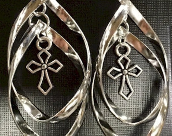 Cross Hoop Earrings Silver Dangle Necklace and Earrings Set Double Twist Long Drop Womans Girls Christian Jewelry Jewellery Cross of Christ