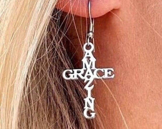 Amazing Grace Cross Necklace Earrings for Men or Women Silver Pendant Jesus Hope Waterproof Hypoallergenic Stainless Steel Ephesians 2:8–9